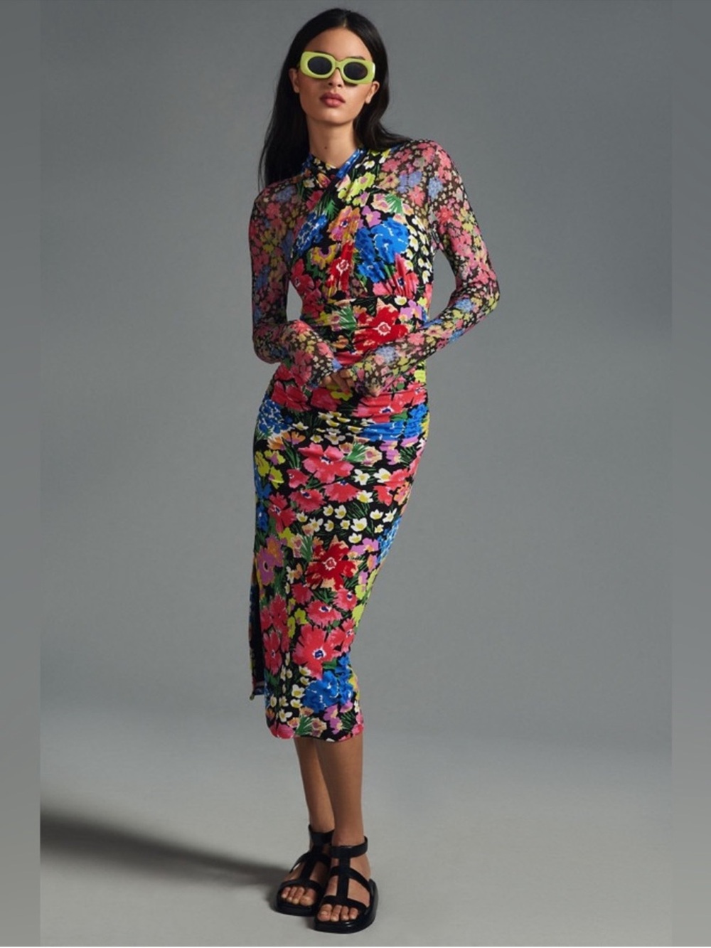Anthropologie Mesh Halter Mock-Neck Dress Floral Bodycon Midi Dress Size medium